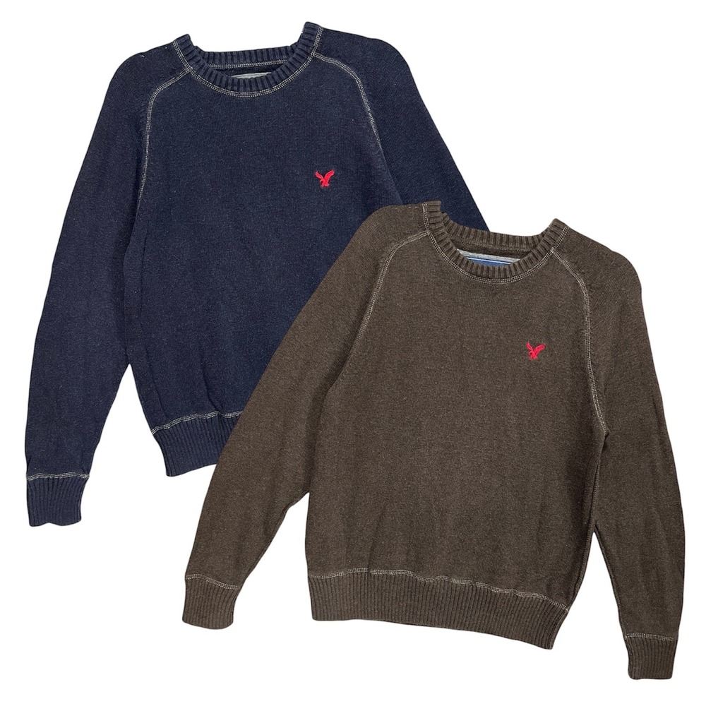 2 AEO Mens Crewneck Sweaters Navy Brown M 100% Cotton Varsity Basics Preppy Lot